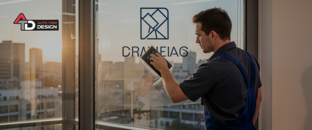 Technician applying decorative window film graphic with a squeegee on a glass surface featuring the company logo.