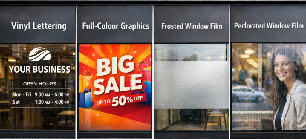 Horizontal storefront display showing four types of commercial window graphics side by side: vinyl lettering for business name and hours, full-colour printed graphics for promotions, frosted/privacy window film, and perforated window film, each clearly visible and labeled.