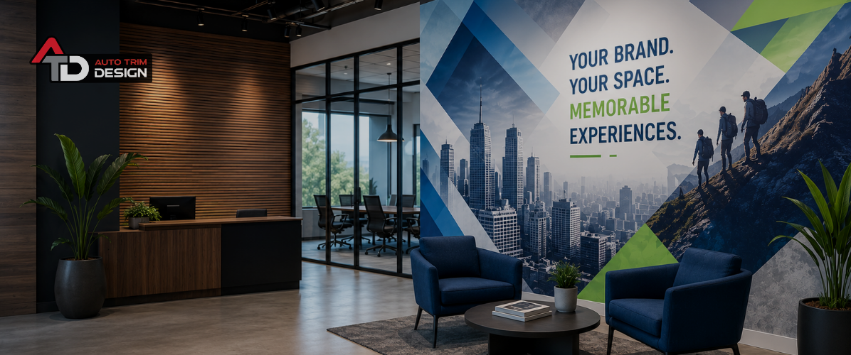 Modern office lobby with a custom branded wall mural displaying the message “Your Brand. Your Space. Memorable Experiences.”