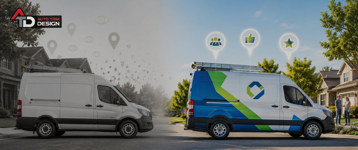Split-view image comparing an unbranded white service van with a professionally wrapped van.